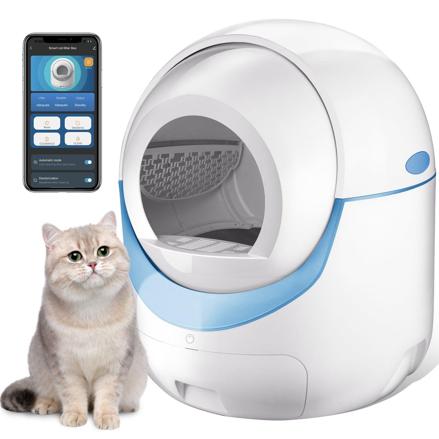 Bac à litière pour chat autonettoyant Animallerys, avec porte d'entrée et système automatique de nettoyage.